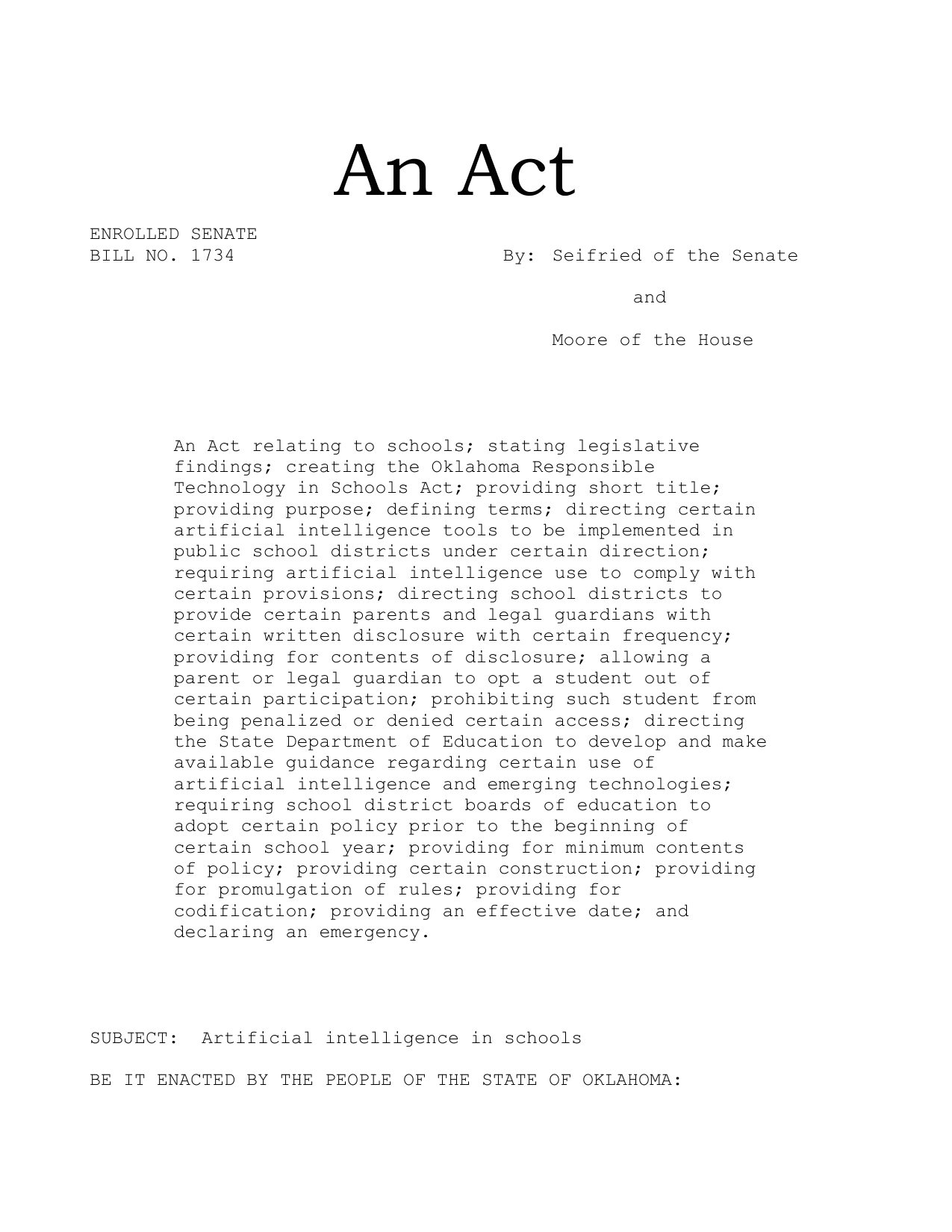 Oklahoma SB 1734 enrolled bill first page
