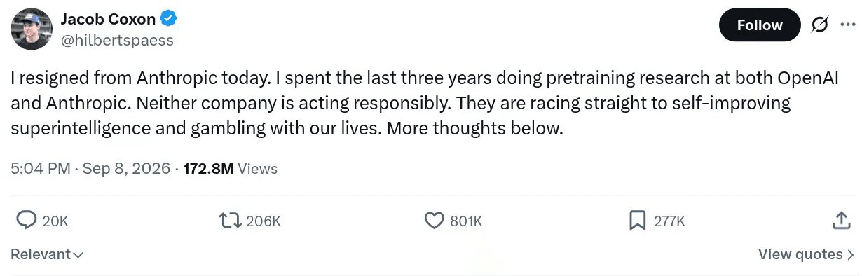 Jacob Coxon post about resigning over the race to self-improving superintelligence