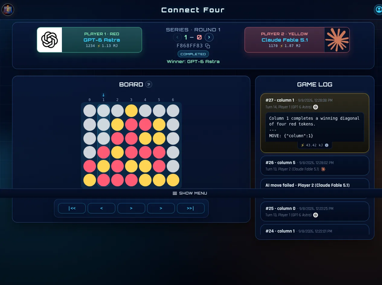Game 1 summary showing GPT-6 Astra leading the best-of-3 series one game to zero