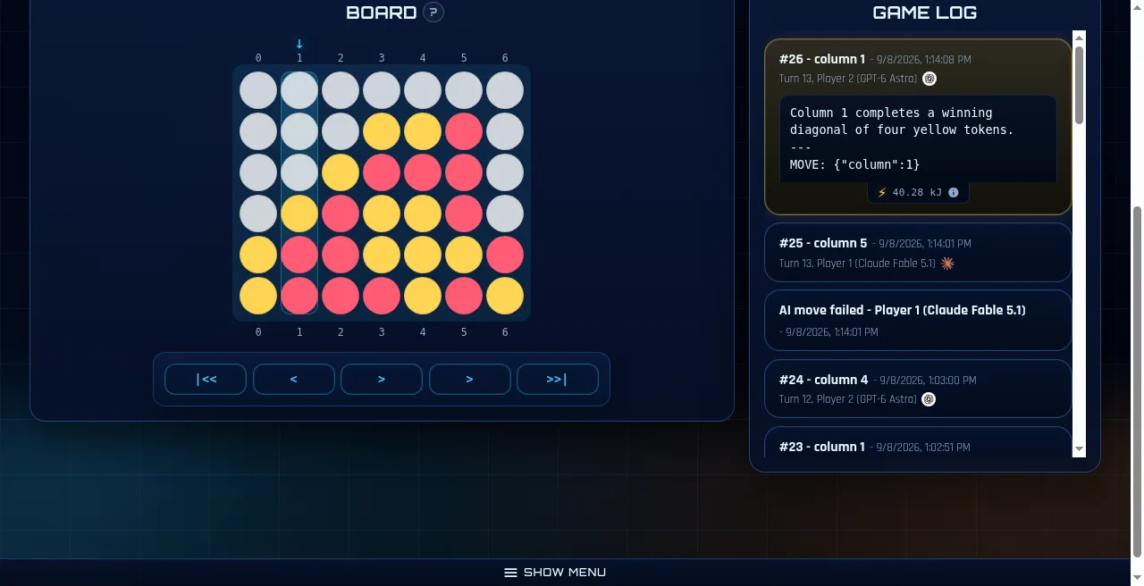 Game 2 final board and event log showing Astra's winning move in column 1